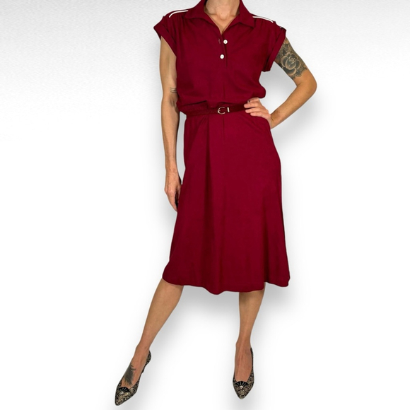 Vintage Dresses & Skirts - Vintage 70's Dress Burgundy White Collared Belted Aline Velvet Size Medium